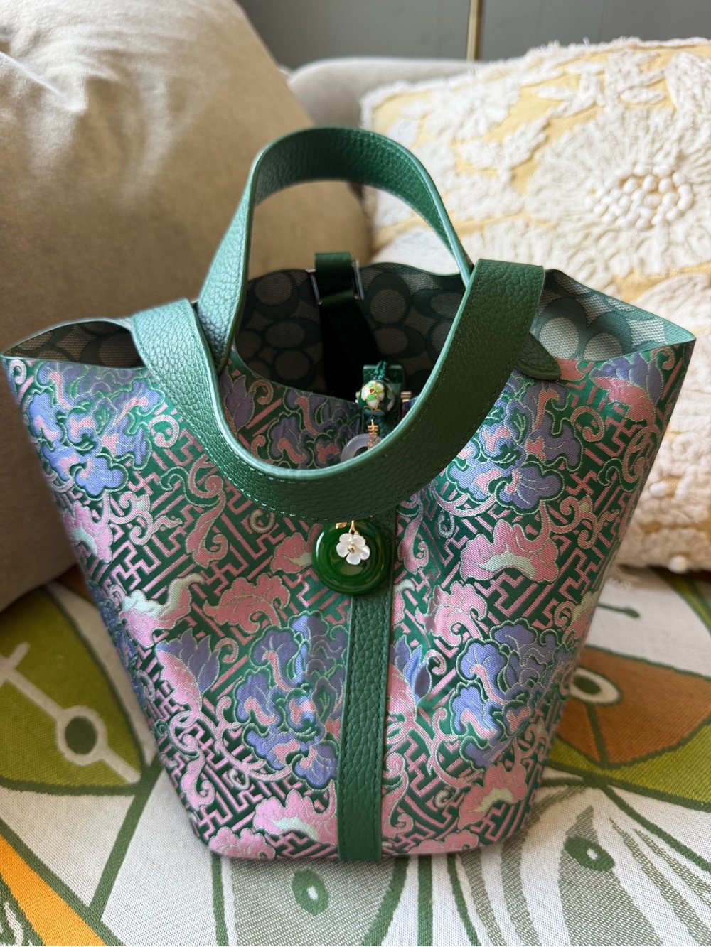 Handmade silk & Leather Green Floral Jacquard Tote Bag